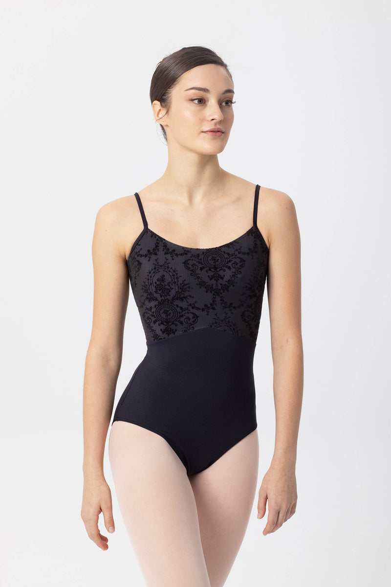 Laad het plaatje in de Viewer, 31587 Balletpak met Spaghettibandjes fluweel print/gaas Zwart (Negro)