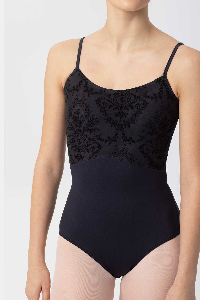 Laad het plaatje in de Viewer, 31587 Balletpak met Spaghettibandjes fluweel print/gaas Zwart (Negro)