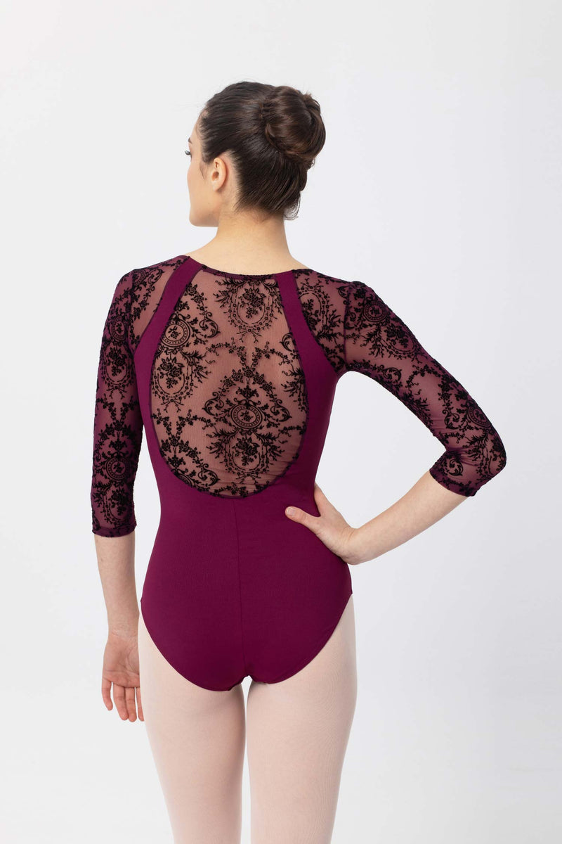 Laad het plaatje in de Viewer, 31588 Balletpak 3/4 Mouwtje Print mesh Bordeaux (Granate)