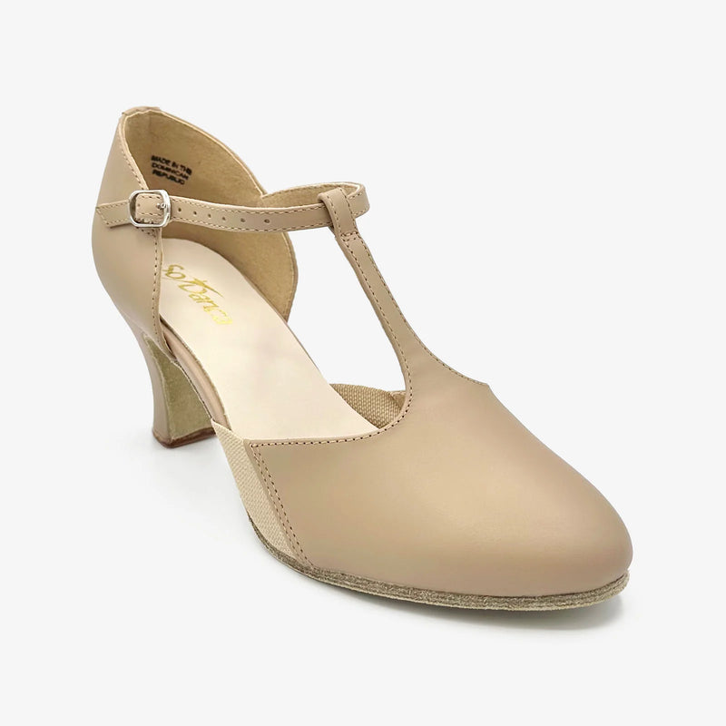 Laad het plaatje in de Viewer, CH57 T-strap Character Schoenen Beige (Tan) Leer met Suède Zool 6.35 cm