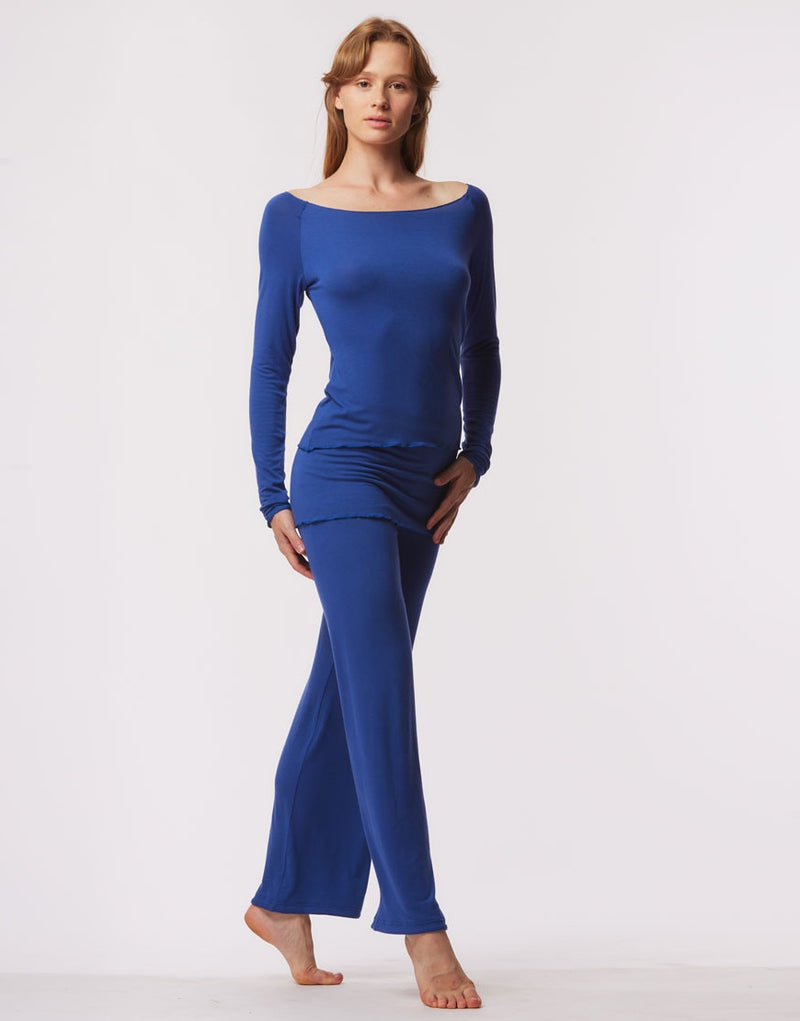 Laad het plaatje in de Viewer, Baltik Top Lange Mouw Wijde Hals Bamboe Viscose Blauw (Bermudes)