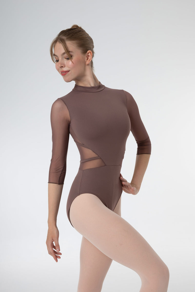 Laad het plaatje in de Viewer, 31631 Balletpak met 3/4 Mouw Col en Mesh Details Bruin (Visón)
