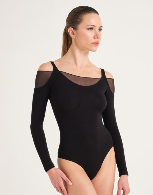 Divine string balletpak lange mouw Mesh Viscose Zwart