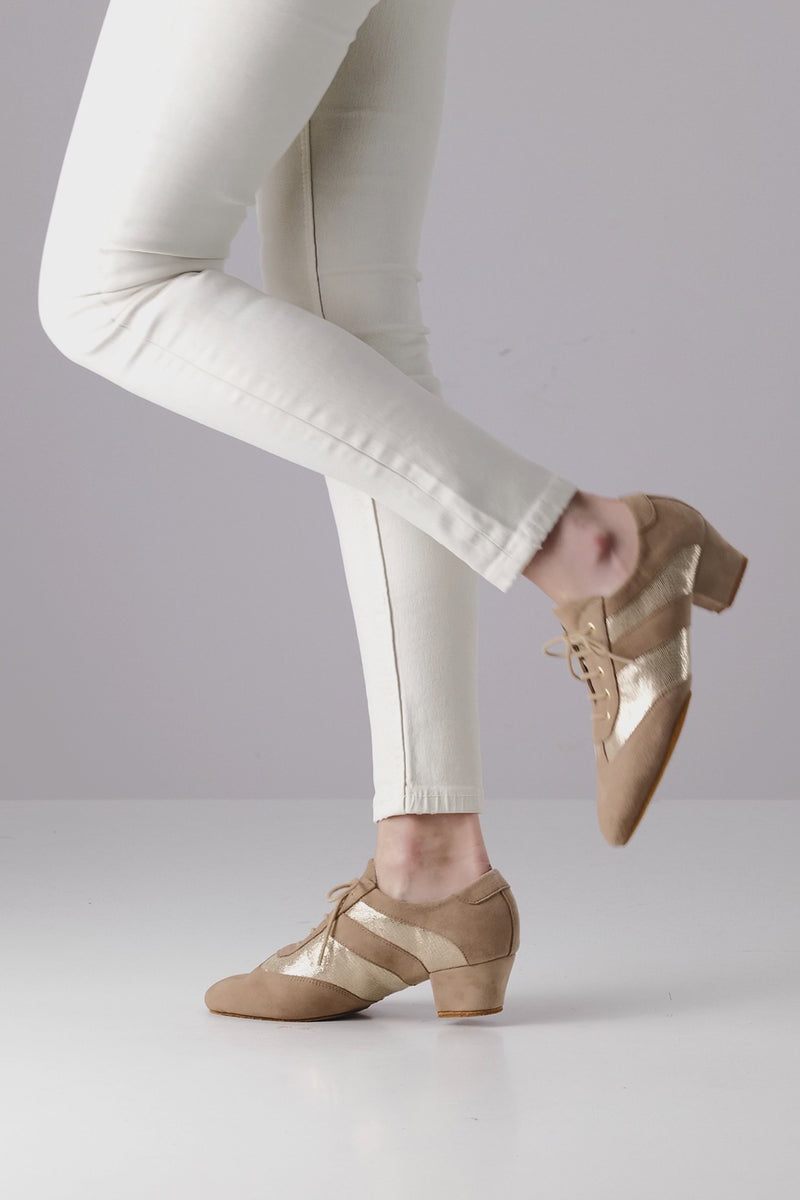 Laad en speel de video in de Viewer, Sandrine 002-35 Beige /Print goud Suède 3.5 cm
