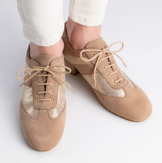 Sandrine 002-35 Beige /Print goud Suède 3.5 cm